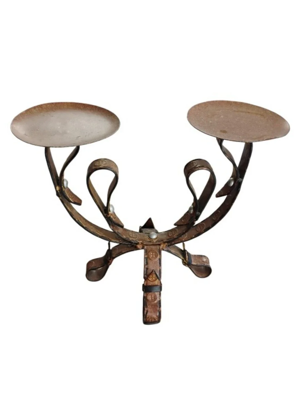 Rustic Metal Iron Work Double Candle Holder - Brown Finishbbutton Texture Detail